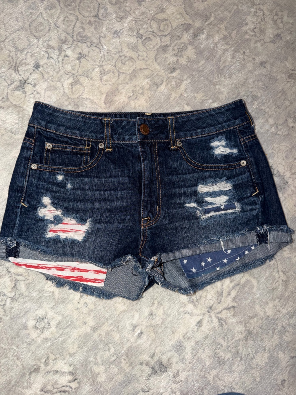 American Eagle Outfitters Distressed Dark Blue Denim Shorts with Flag Patch